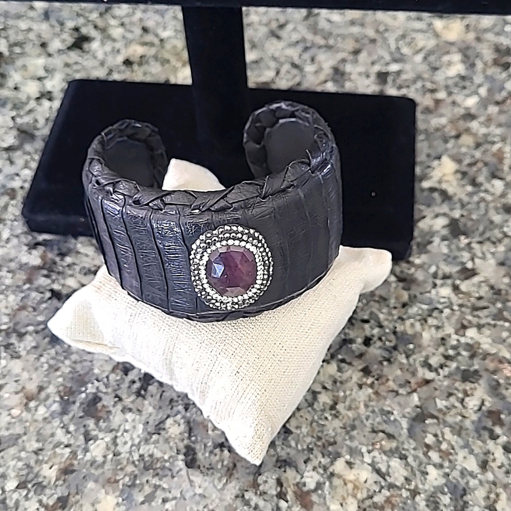 Genuine Deep Amethyst & Swarovski Crystal Black Stingray Leather Cuff Bracelet